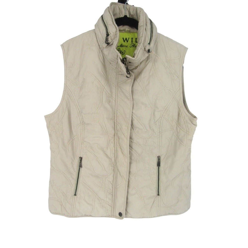Blue Willi's Quilted‎ Vest Womens XL Beige Embroidered Full Zip Funnel Neck Hood